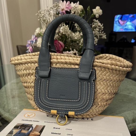 Chloe Handbags - Chloe Blue Leather & Straw Marcie Tote -- Beautiful & Perfect for Summer!